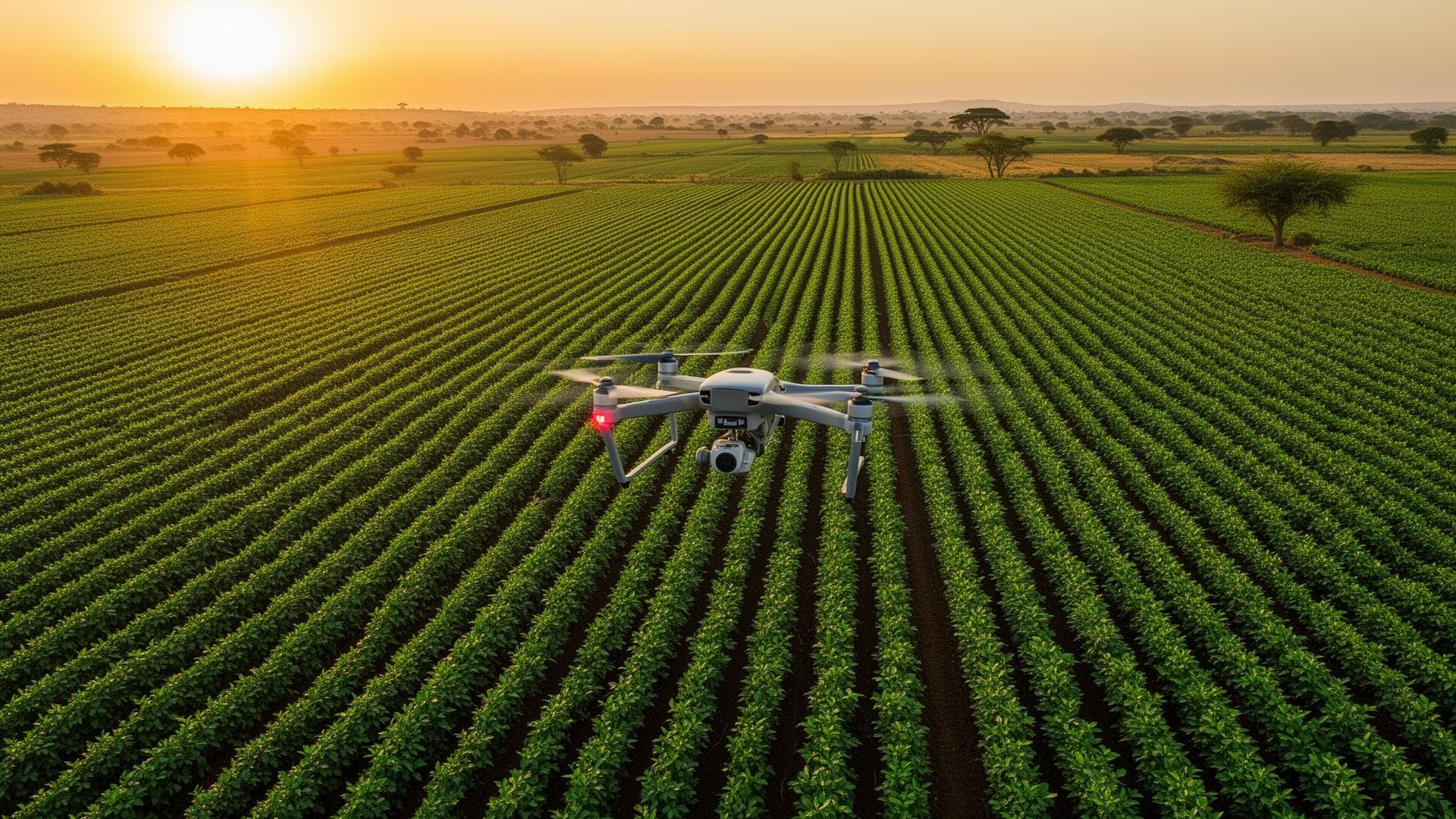 Aerial view of African farmland with modern agriculture technology